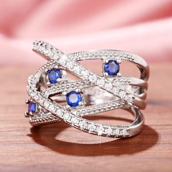 NEW 18k White Gold Sapphire Diamond Ring Band - Picture 4 of 5